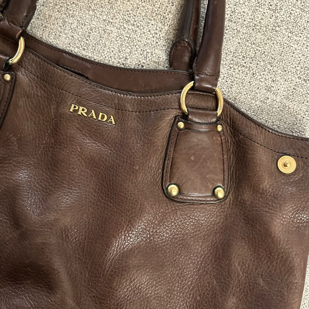 Prada Brown Pebbled Leather Tote Bag | Large Shoulder Bag Everyday Designer - Picture 2 of 3